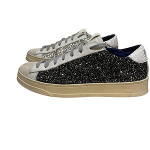 P448 glitter sneakers black silver leather distressed 9.5